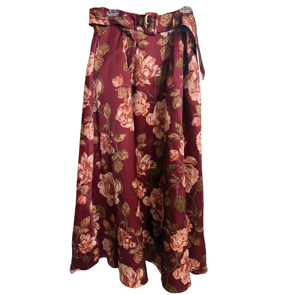 Flying Tomato Burgundy Floral Maxi Skirt Belted Satin Rose Print Womens L NEW